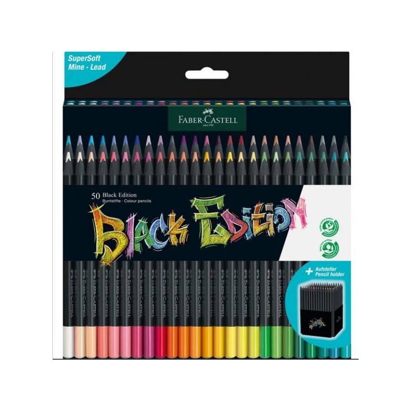  Faber-Castell Lápices de colores Black Edition, 50 unidades,  madera negra y núcleo súper suave, lápices de colores artísticos para  colorear adultos, adolescentes, niños y principiantes : Productos de Oficina